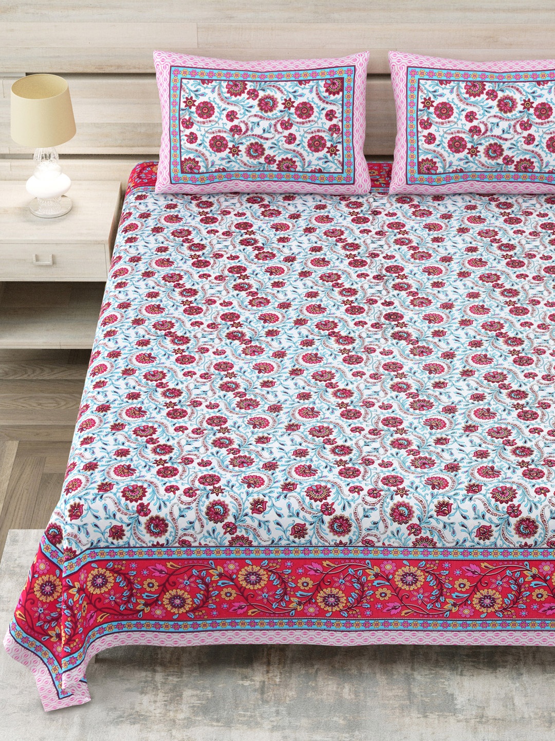 

Aapno Rajasthan Blue Floral Printed Pure Cotton144 TC King Bedsheet Set 2.74m x 2.74m, Pink