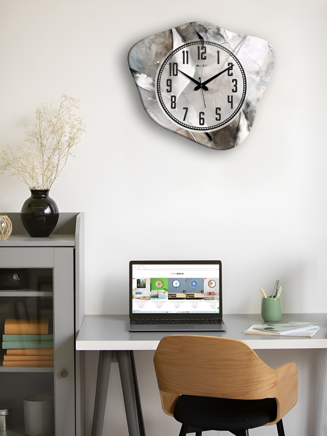 

OLIVE TREE Grey & Black Printed Abstract Shaped Analoge Wooden Traditional Wall Clock