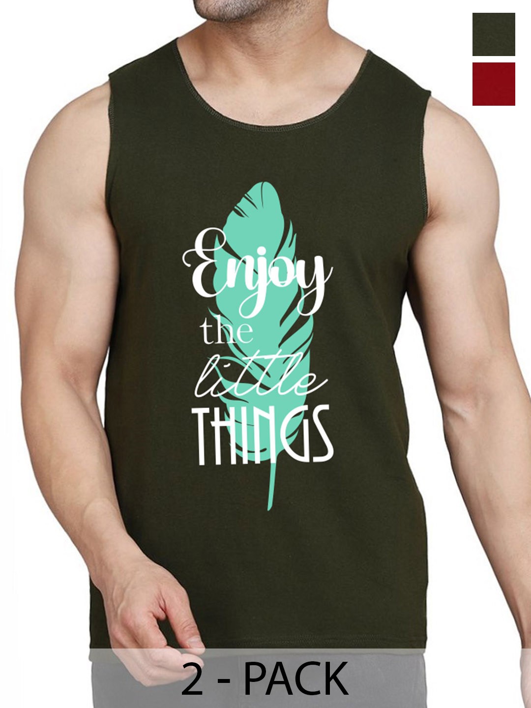 

WOOSTRO Pack Of 2 Cotton Printed Gym Vests, Olive