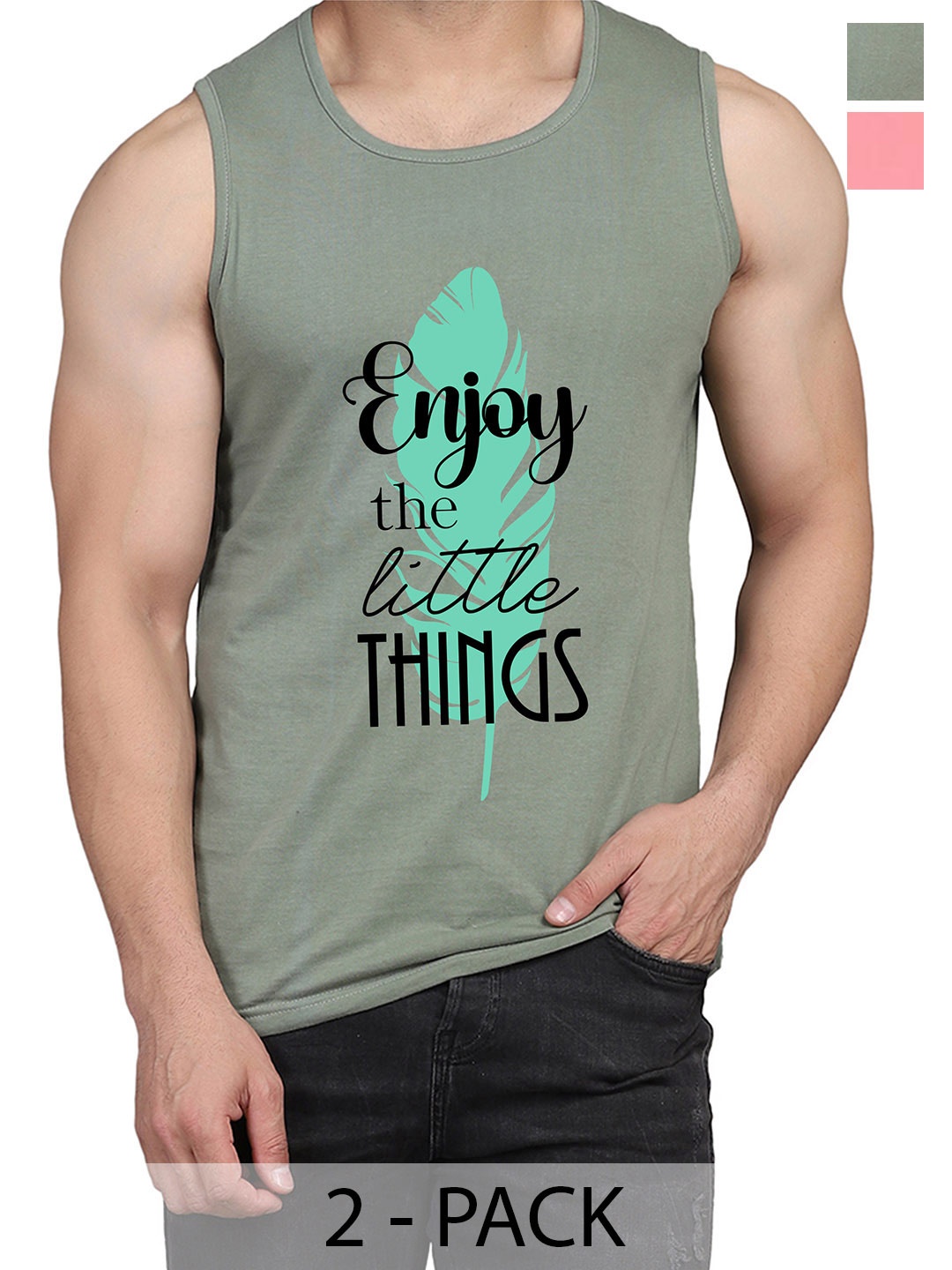 

WOOSTRO Pack Of 2 Printed Cotton Innerwear Vests RS26 (ENJOY LGTGREEN)(RUN PEACH), Green