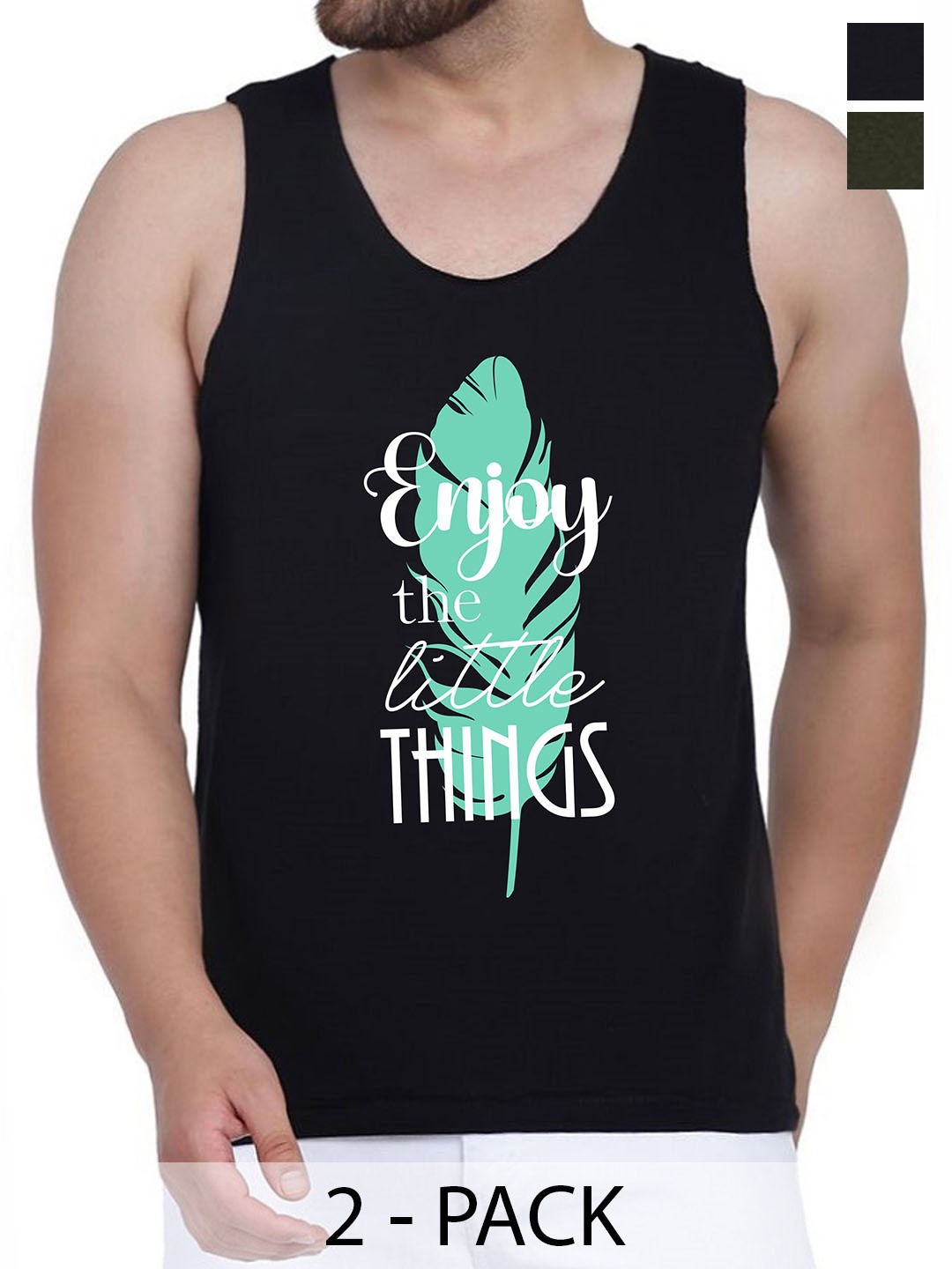 

WOOSTRO Pack Of 2 Printed Gym Vests RS26 (ENJOY BLACK)(RUN OLIVE)