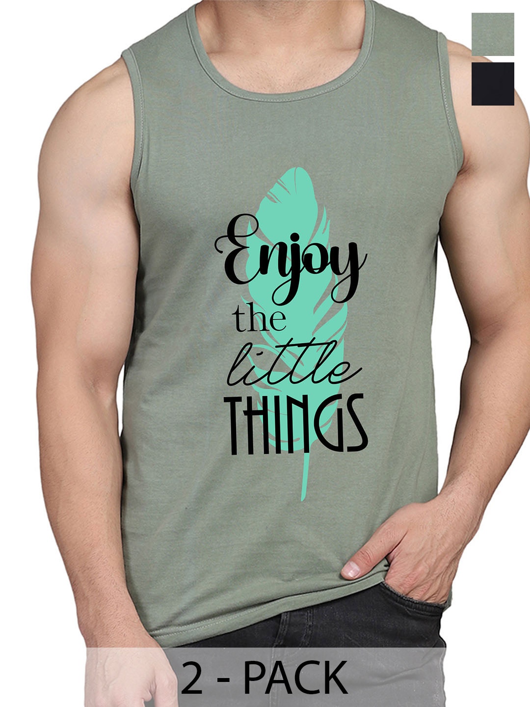 

WOOSTRO Pack Of 2 Printed Cotton Innerwear Vests RS26 (ENJOY LGTGREEN)(RUN BLACK), Green