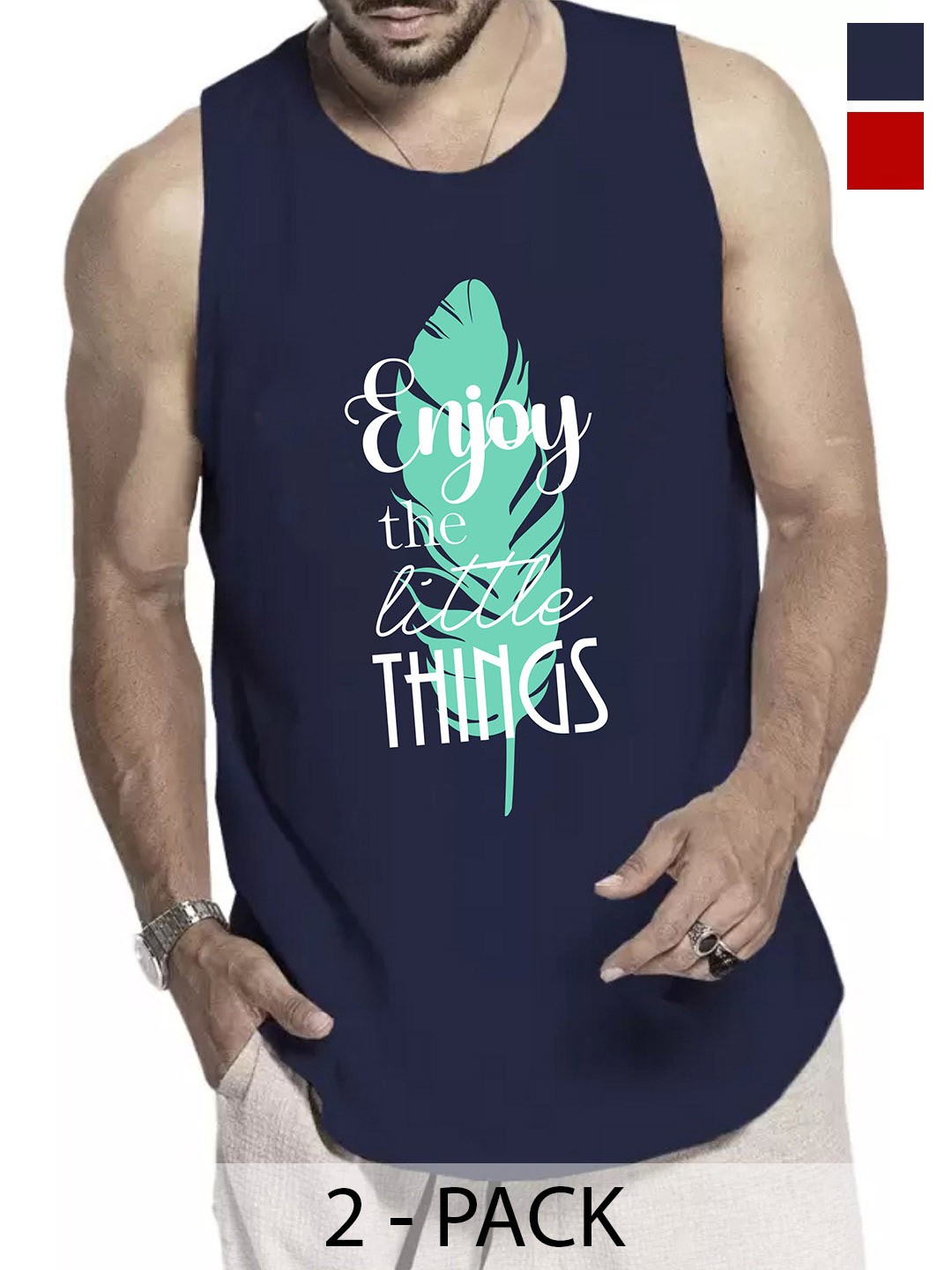 

WOOSTRO Pack Of 2 Cotton Printed Gym Vests, Navy blue