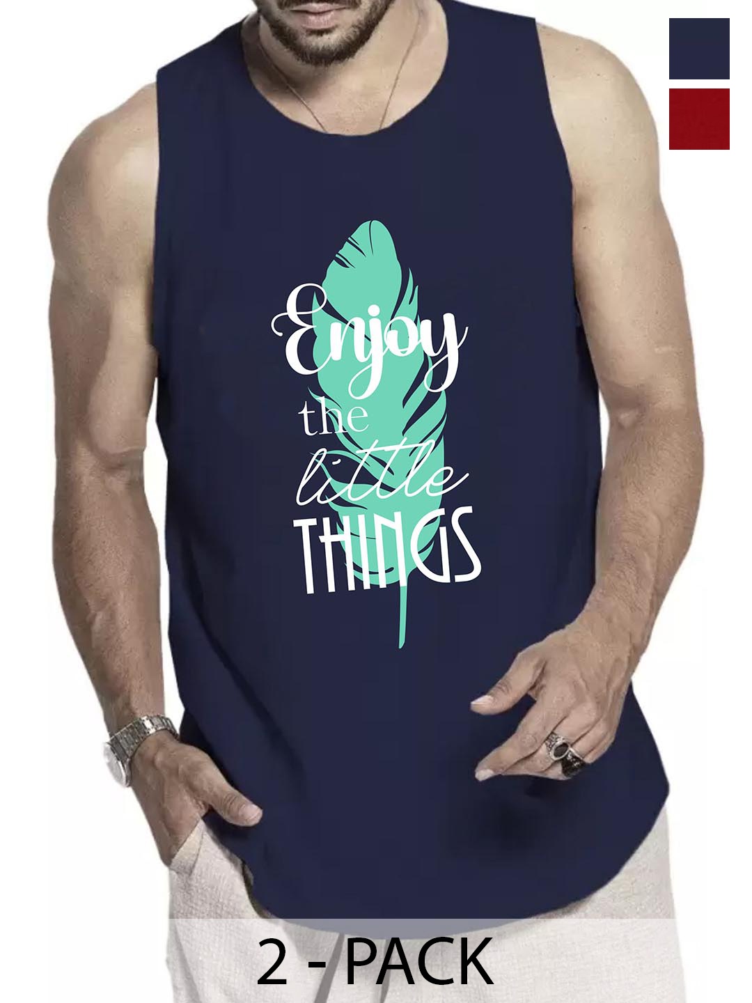 

WOOSTRO Pack Of 2 Printed Gym Vests RS26 (ENJOY NAVY)(RUN MAROON), Navy blue