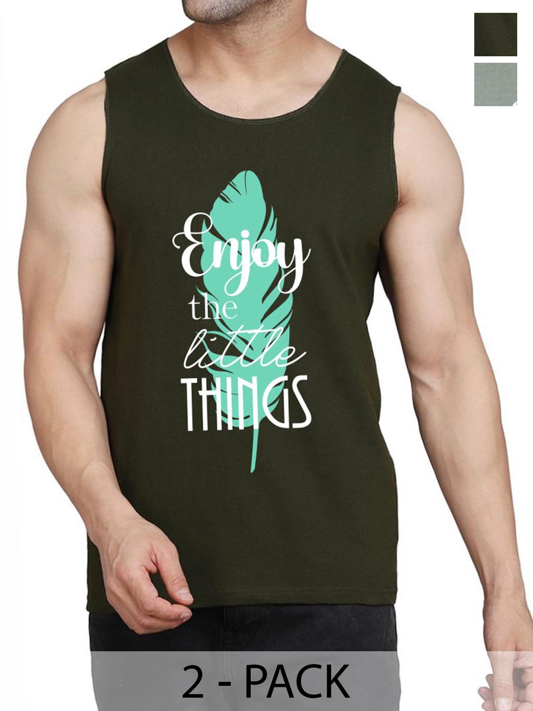 

WOOSTRO Pack Of 2 Cotton Printed Gym Vests, Olive