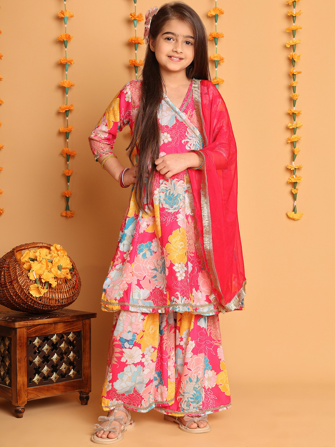

BAESD Girls Floral Printed Angrakha Kurta with Sharara & With Dupatta, Pink
