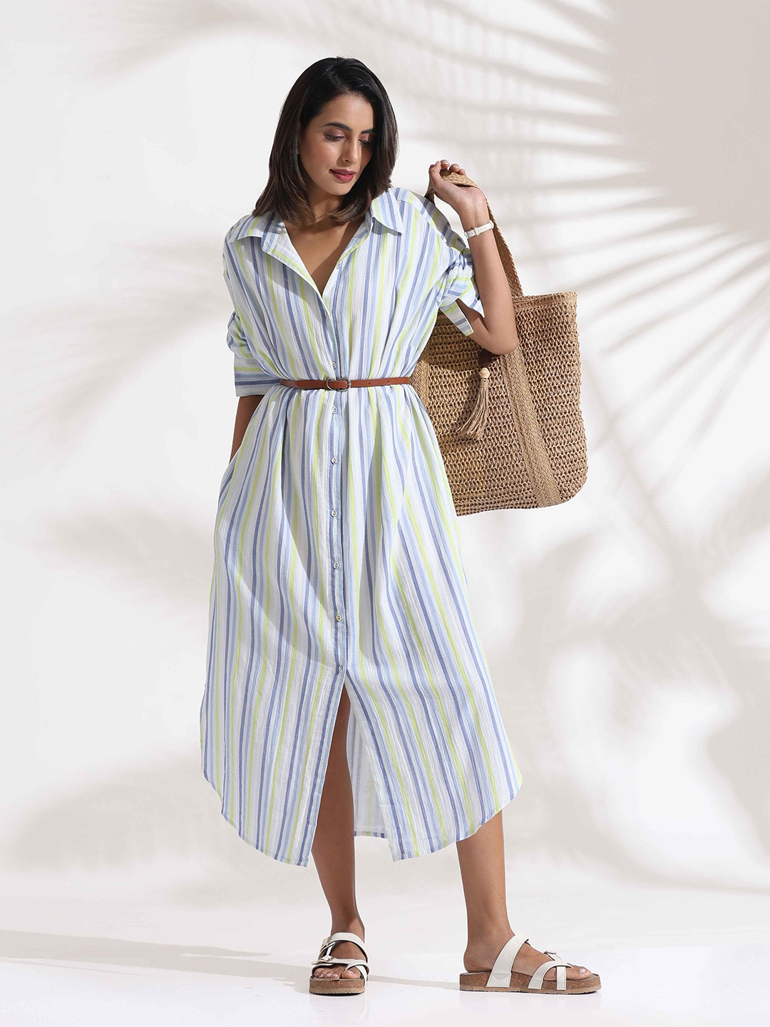 

trueBrowns Striped Bell Sleeve Shirt Dress, White