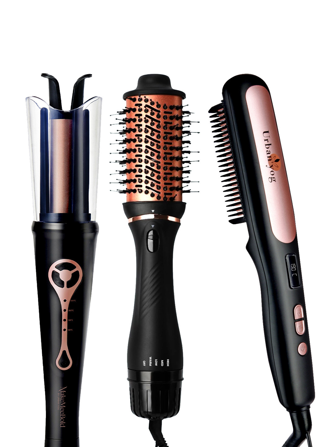 

URBANYOG MakeMeeBold Hair Styling Set - Straightening Brush + Hot Air Brush + Hair Curler, Black