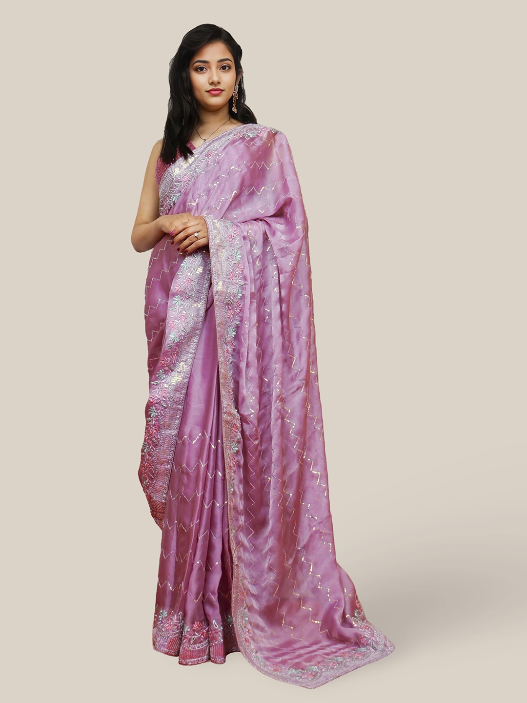 

Shreekama Embellished Sequinned Poly Chiffon Heavy Work Saree, Pink