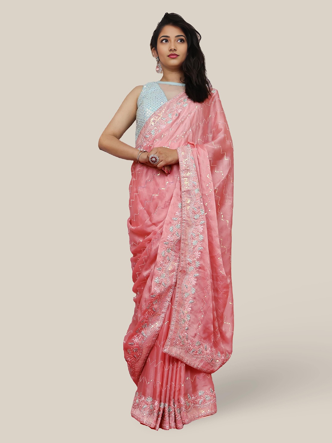 

Shreekama Embellished Sequinned Poly Chiffon Heavy Work Saree, Pink