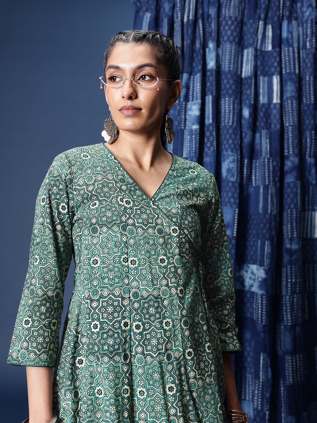 

Taavi Hand Block Printed Pure Cotton Angrakha Kurta, Teal