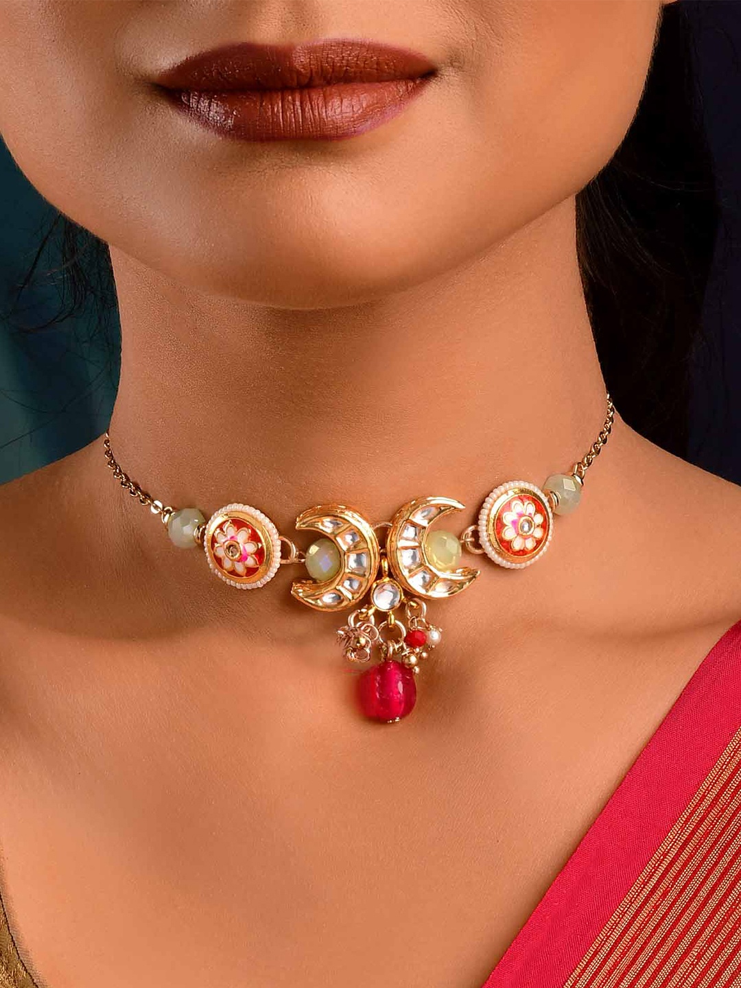 

EVERSTYLISH Sanjoya Gold & Red Kundan Embroidered Choker with Golden Moons & Red Beads