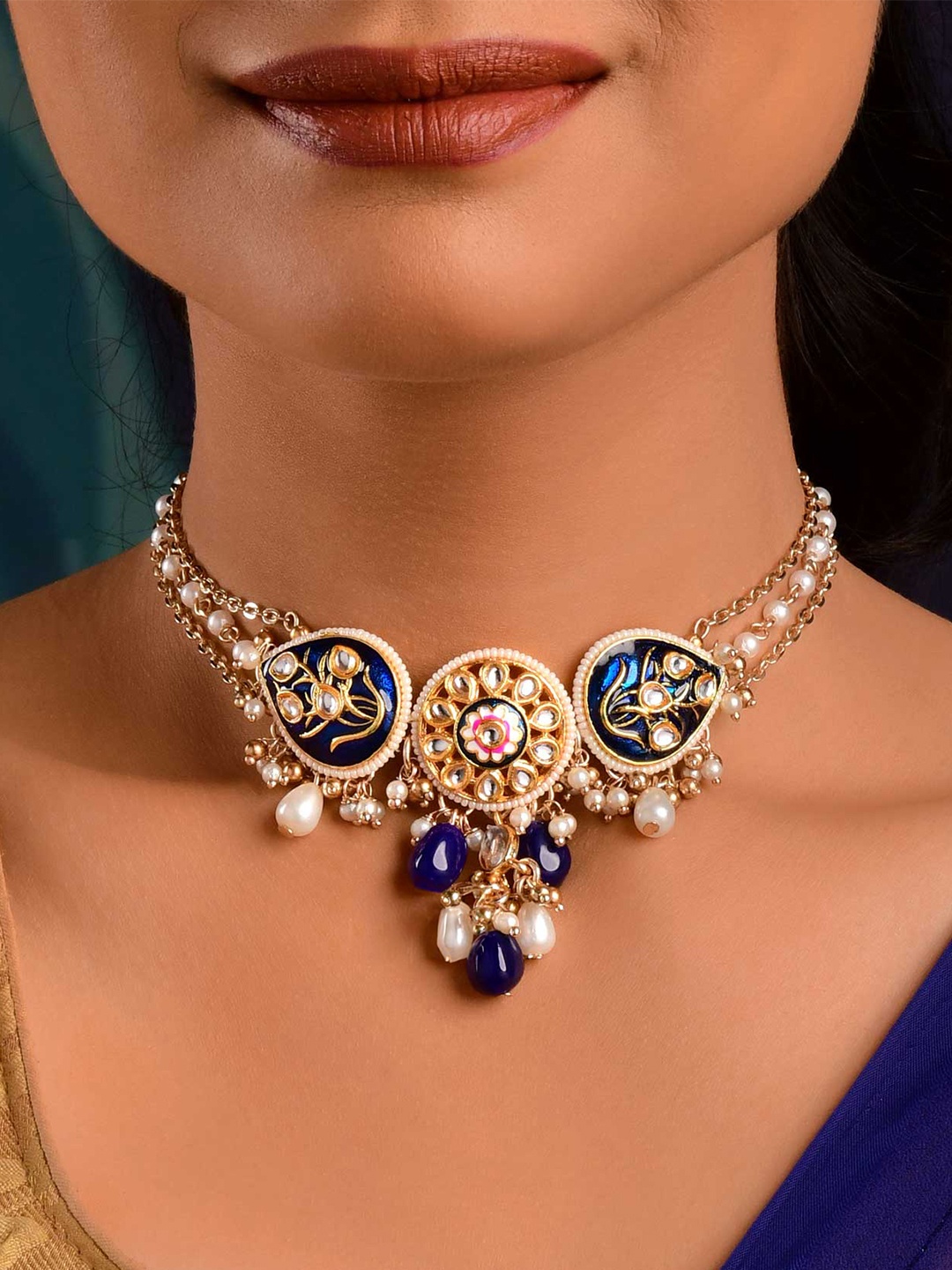 

EVERSTYLISH Sanjoya Kundan Necklace with Deep Blue Enamel, Golden Details & Pearls
