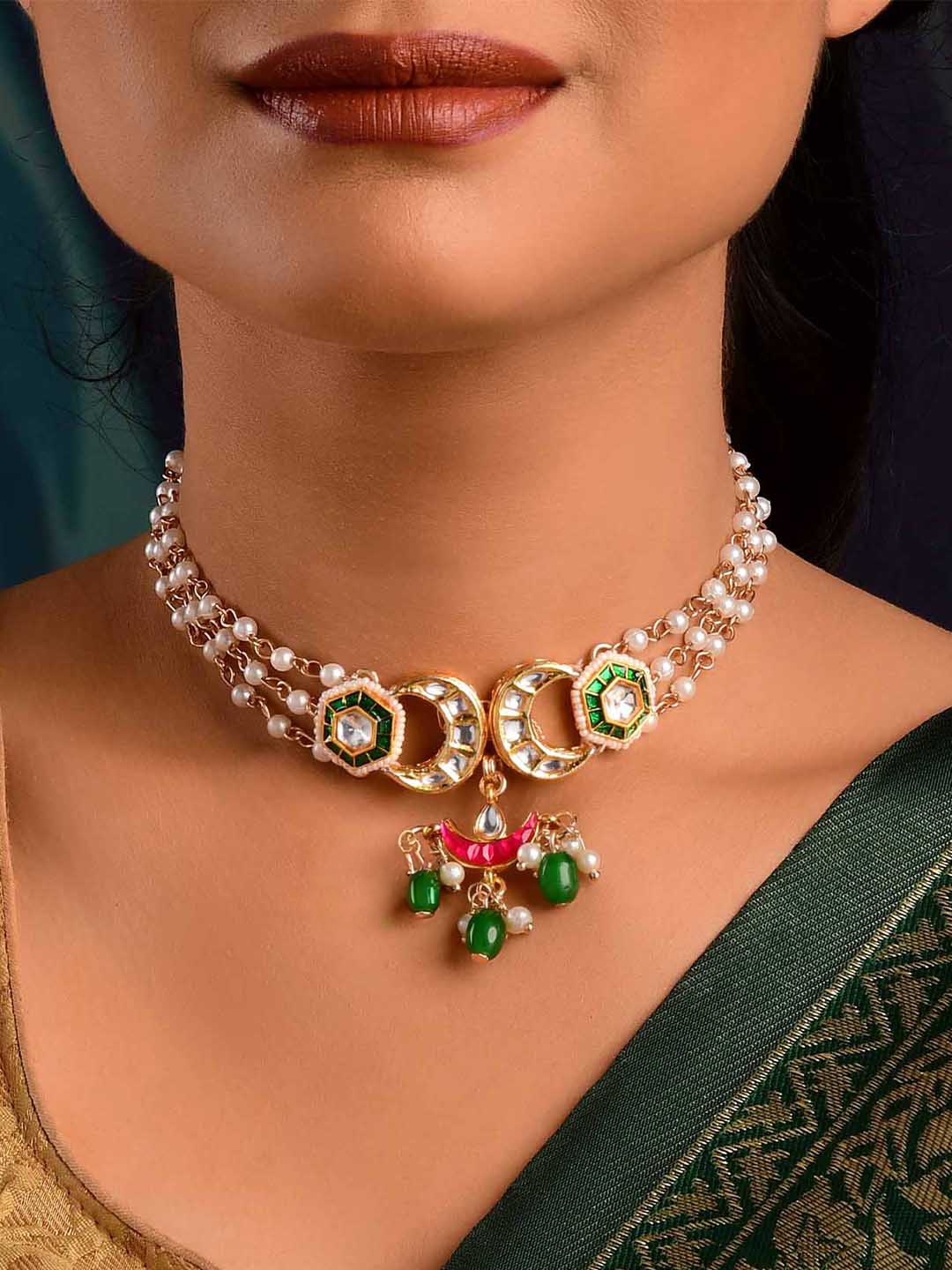 

EVERSTYLISH Sanjoya Kundan Necklace with Pearls & Green Drops, Gold
