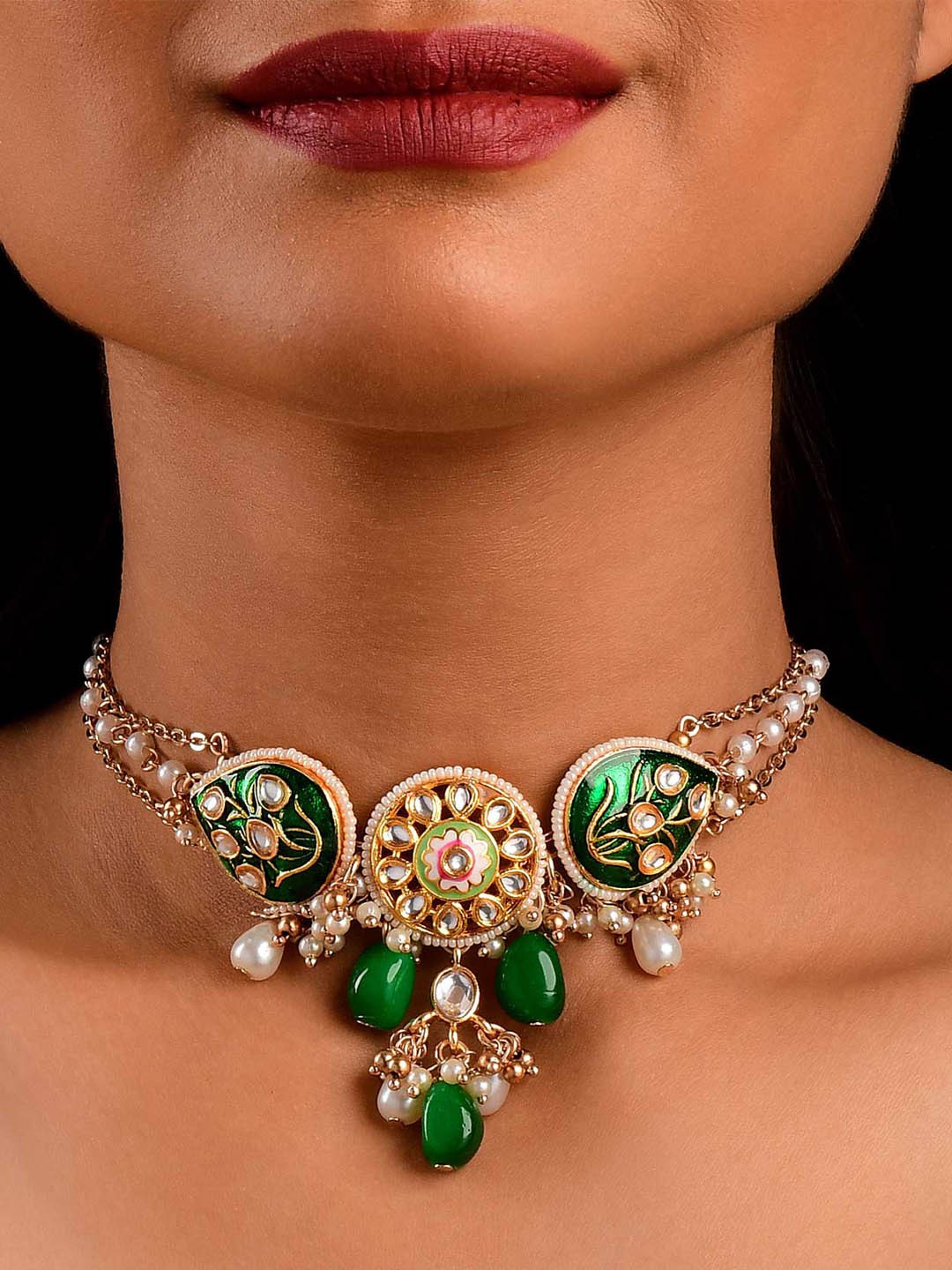 

EVERSTYLISH Sanjoya Sparkling Enamelled Kundan Necklace With Pearls & Beads, Gold