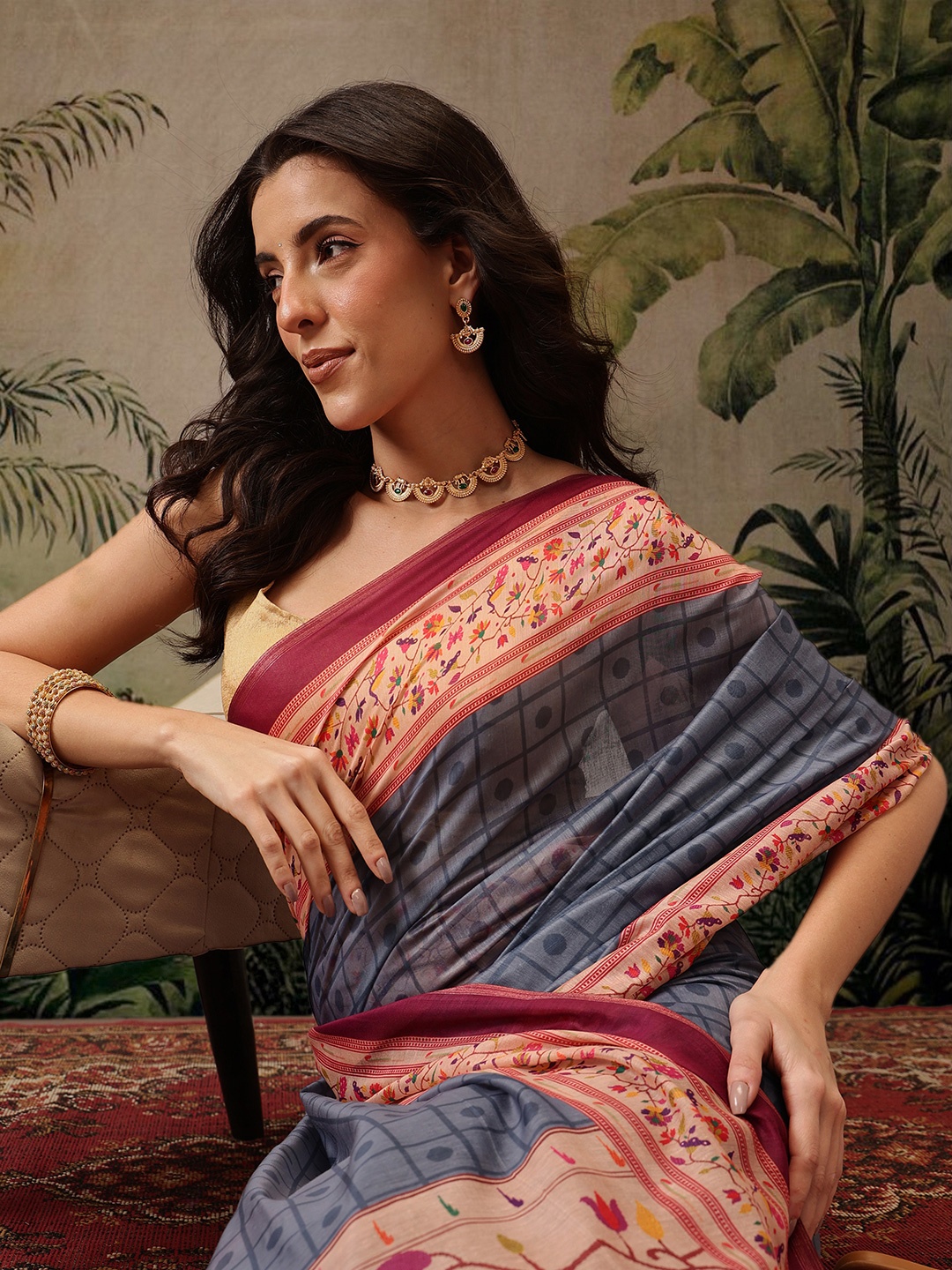 

DIVASTRI Cotton Blend Paithani Animal Digital Printed Saree, Grey