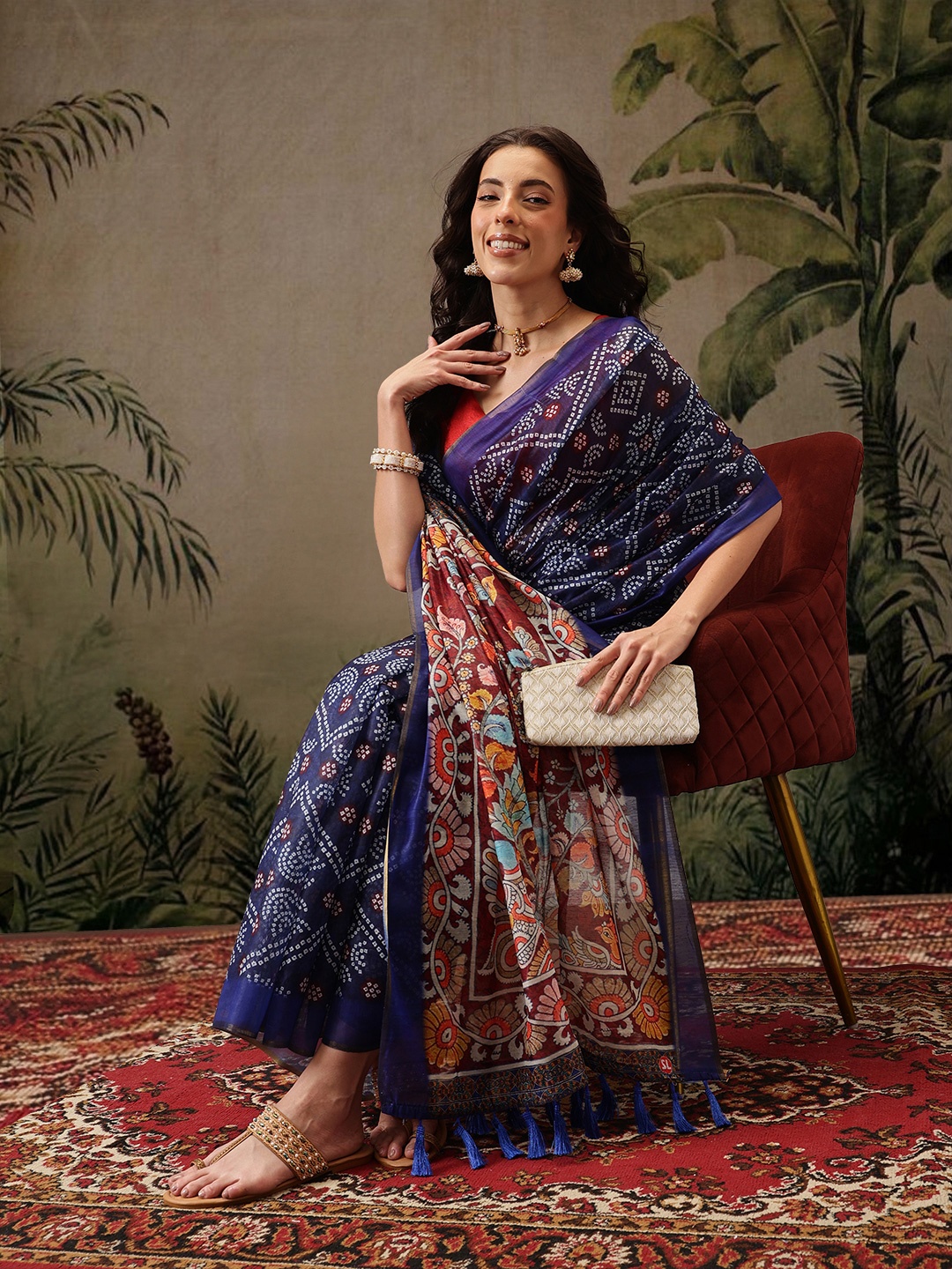

DIVASTRI Chanderi Cotton Indigo Digital Printed Saree with Beautiful Tassels, Blue