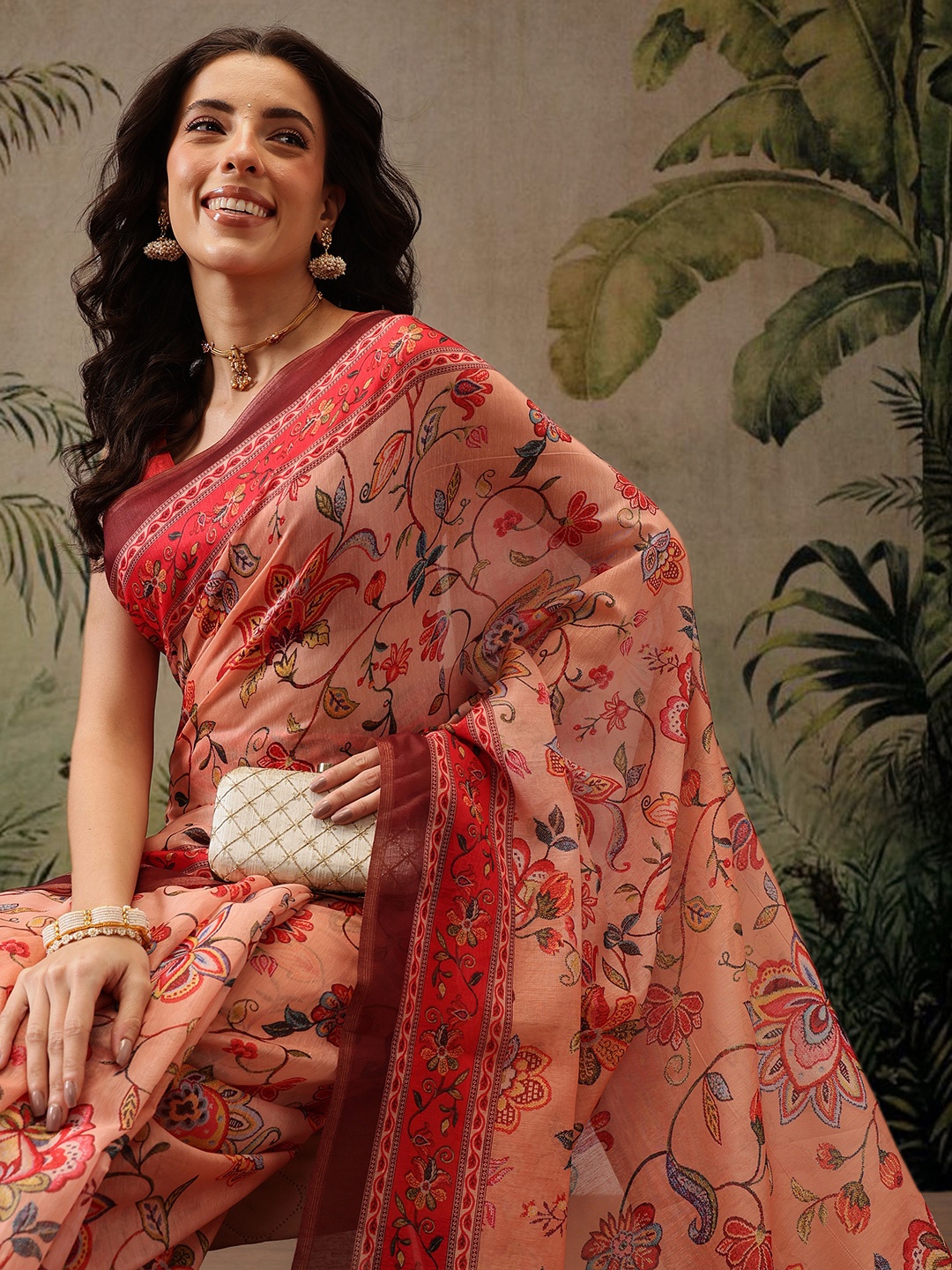 

DIVASTRI Digital Printed Kalamkari Chanderi Cotton Saree With Tassels, Peach