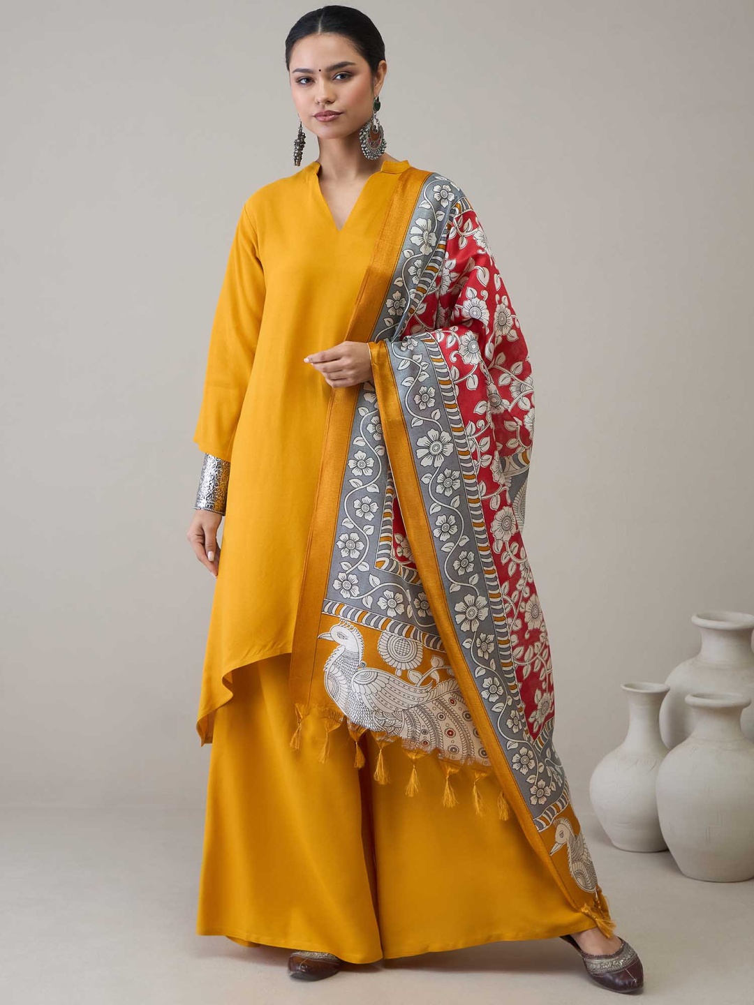 

InWeave Women Regular Kurta with Palazzos & With Dupatta, Mustard