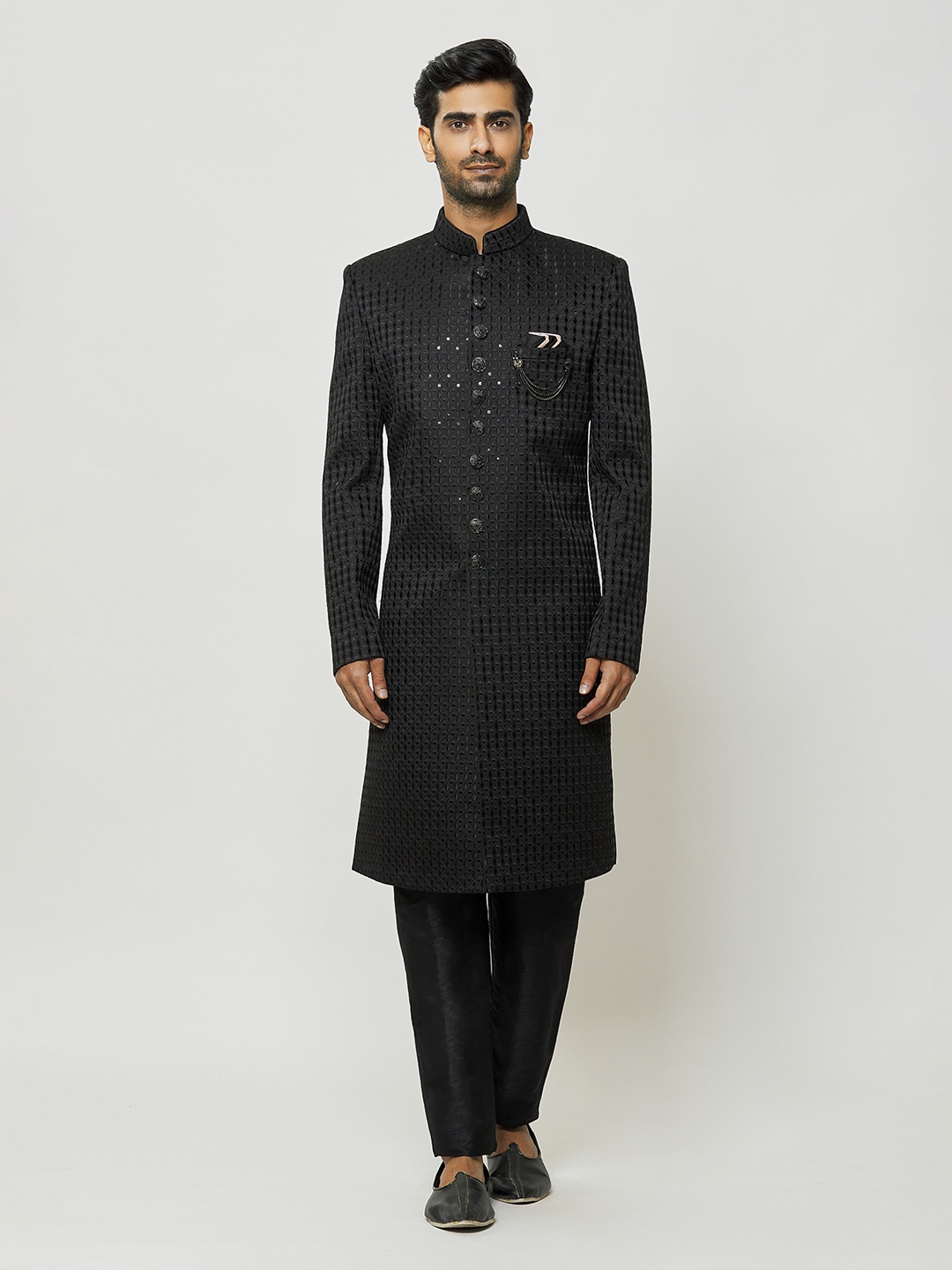 

Aryavir Malhotra Embroidery Silk Sherwani Set, Black