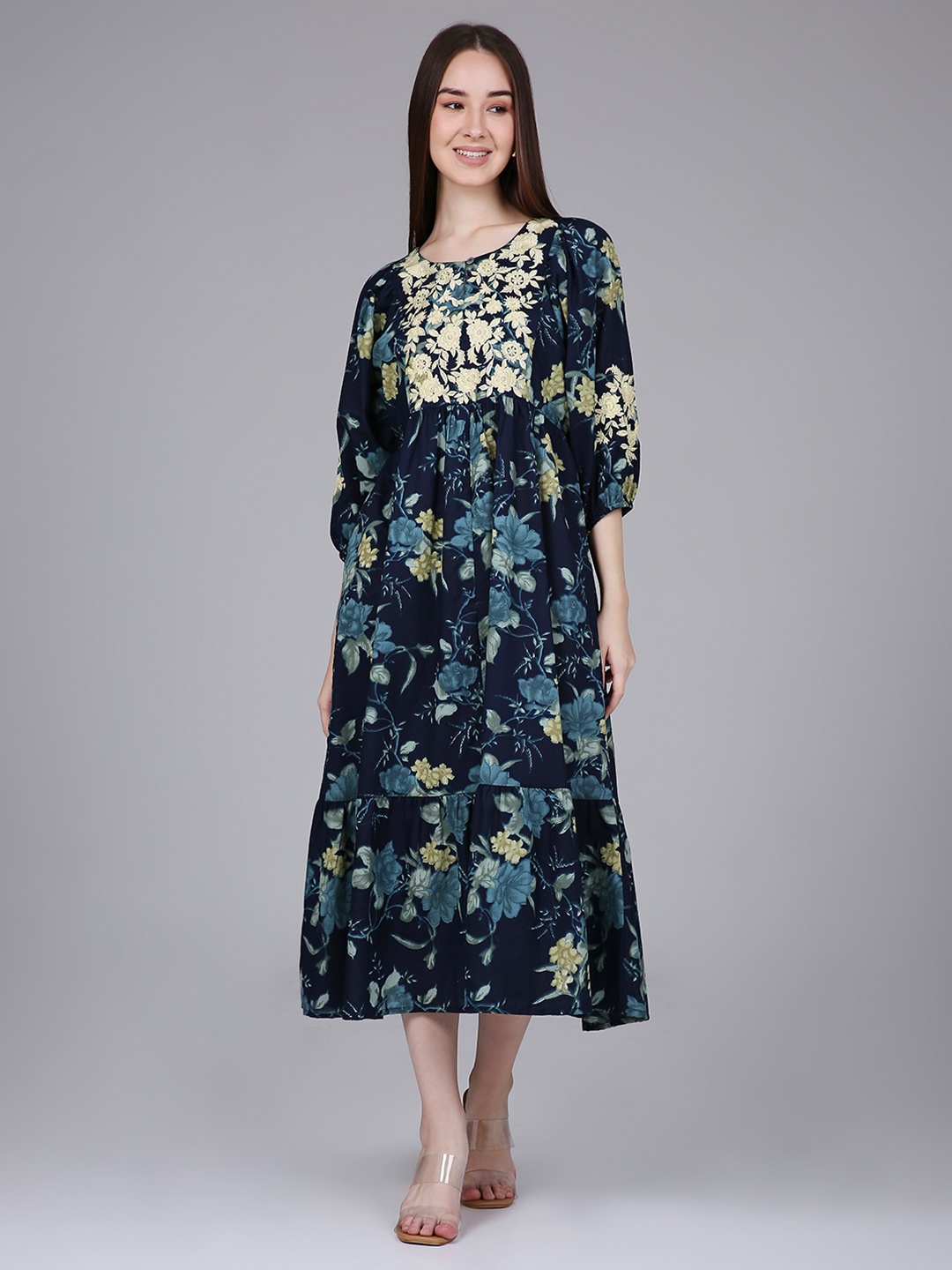 

Saffron Threads Women Floral Printed Cotton Fit and Flare Midi Dress, Navy blue