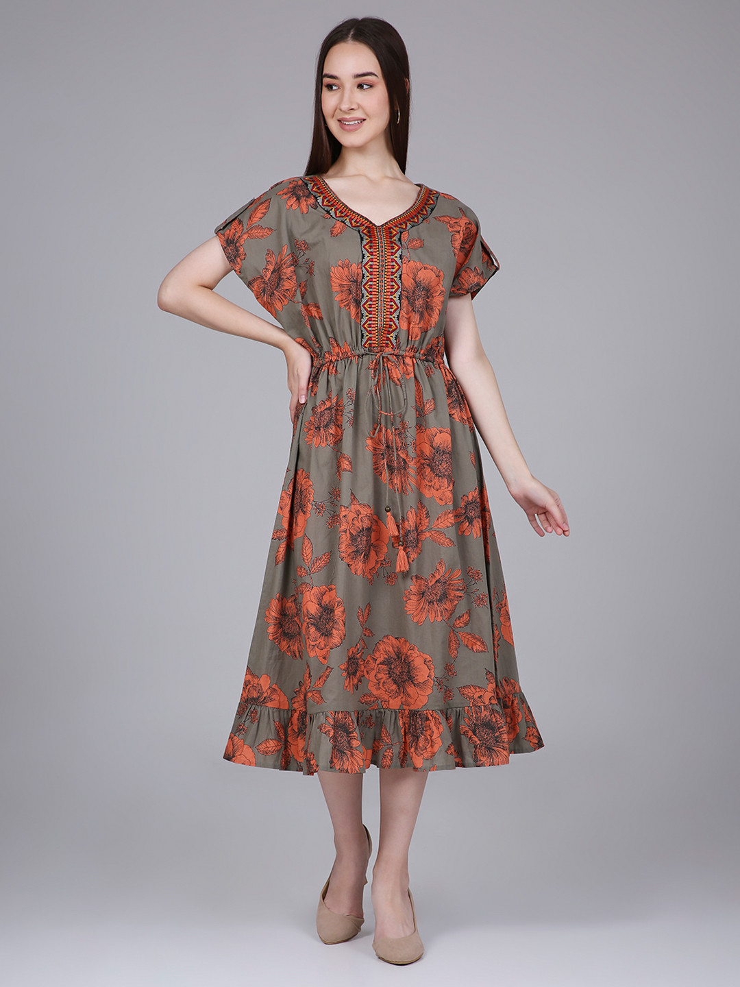 

Saffron Threads Floral Print Kaftan Midi Dress, Grey