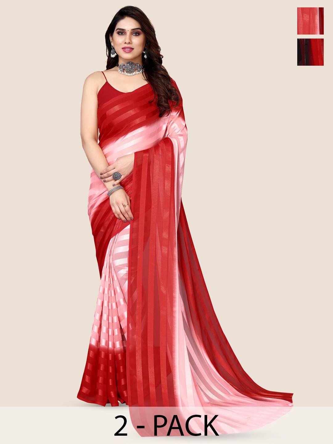 

Moda Rapido Pack Of 2 Striped Satin Saree, Red