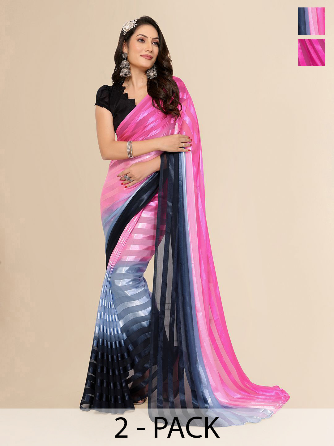 

Moda Rapido Pack Of 2 Striped Satin Saree, Pink