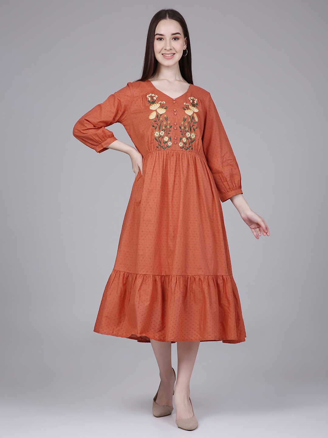 

Saffron Threads Print Bishop Sleeve A-Line Midi Dress, Orange