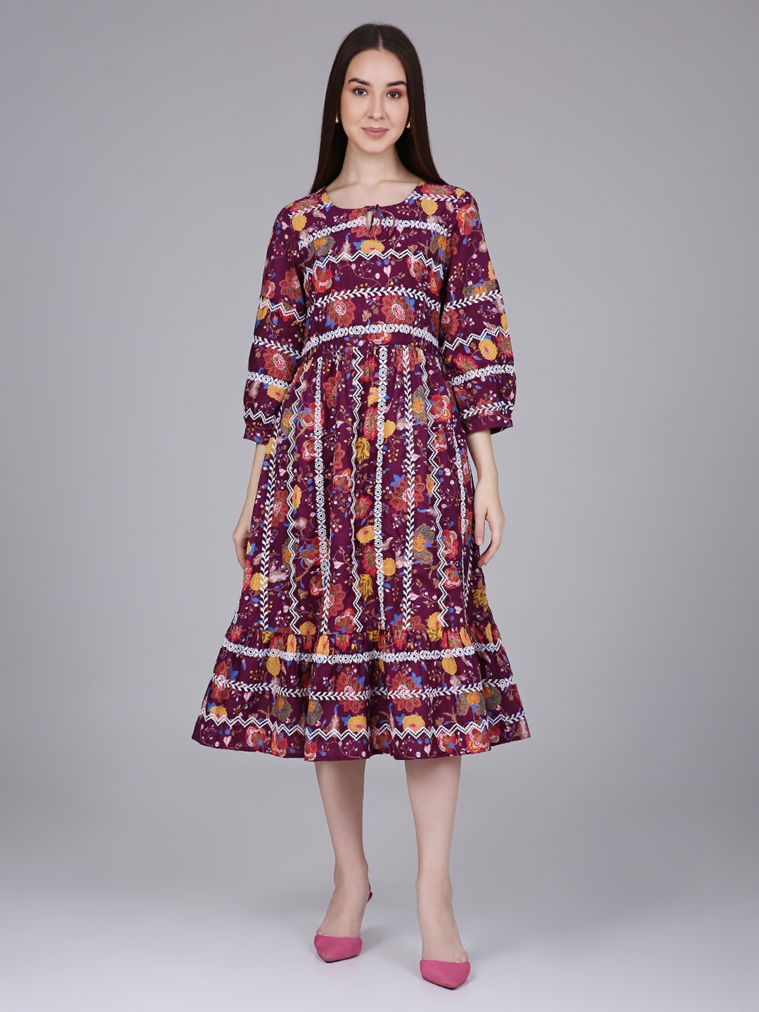 

Saffron Threads Floral Print Tie-Up Neck Bishop Sleeve A-Line Midi Dress, Burgundy
