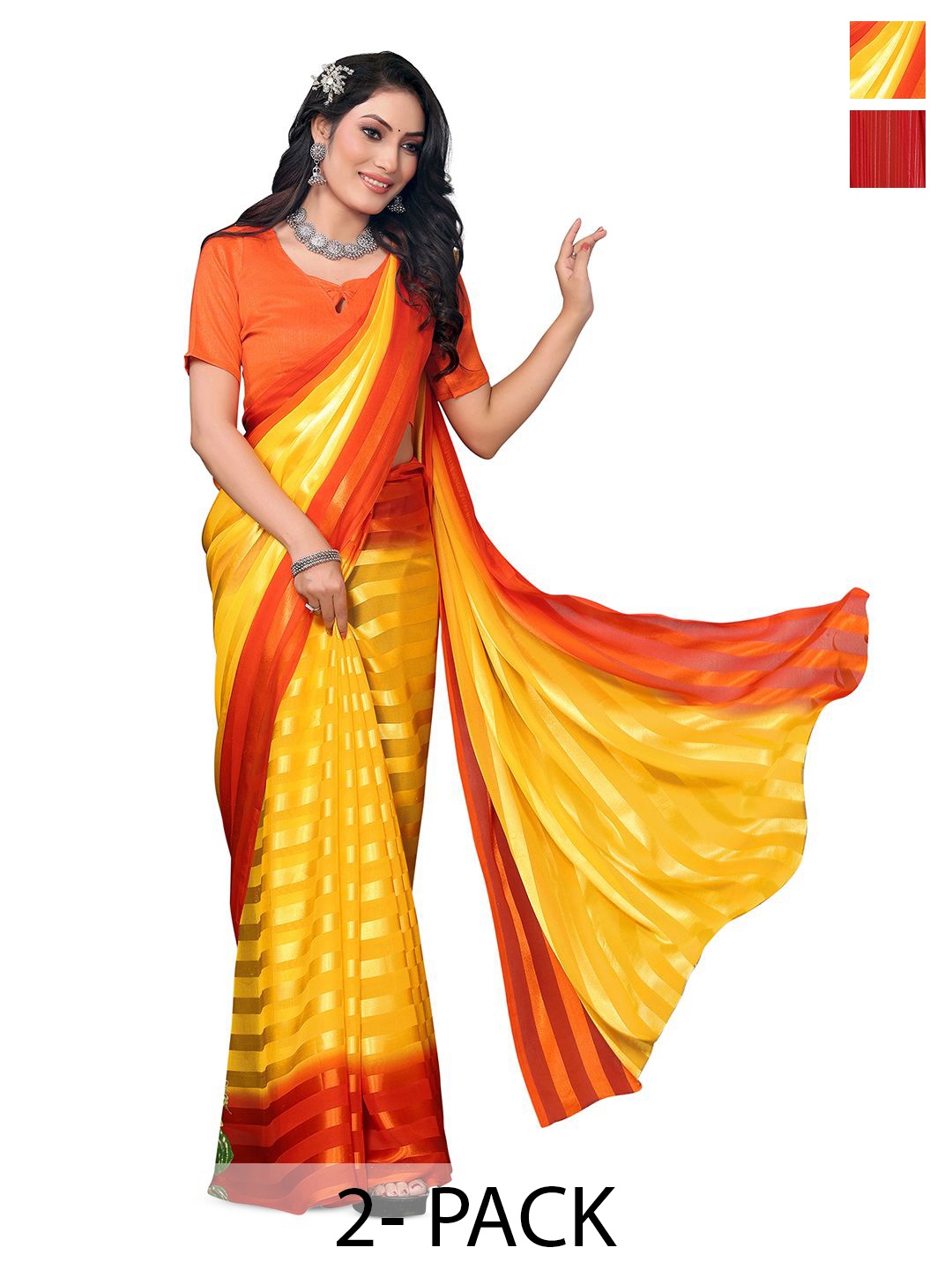 

Moda Rapido Pack Of 2 Striped Satin Saree, Yellow