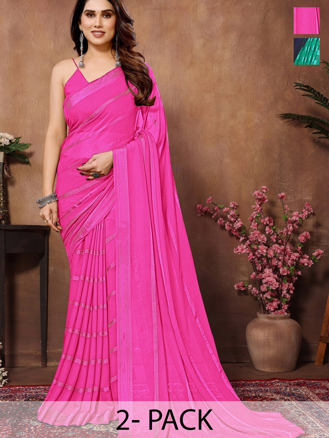 

Moda Rapido Pack Of 2 Striped Satin Saree, Pink