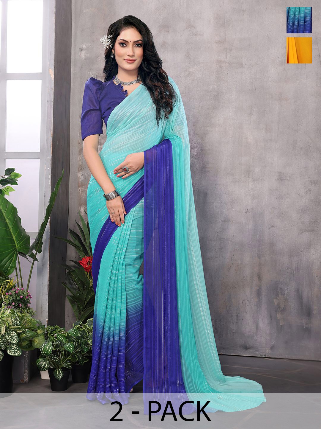 

Moda Rapido Pack Of 2 Striped Satin Saree, Blue