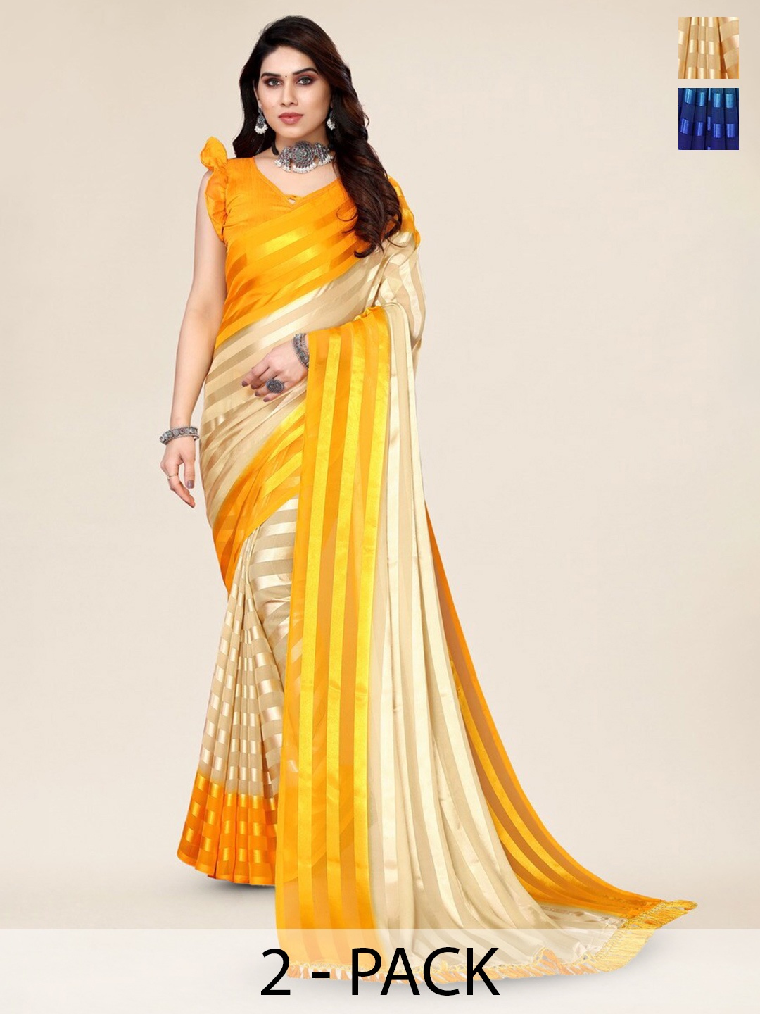 

Moda Rapido Pack Of 2 Striped Satin Saree, Yellow