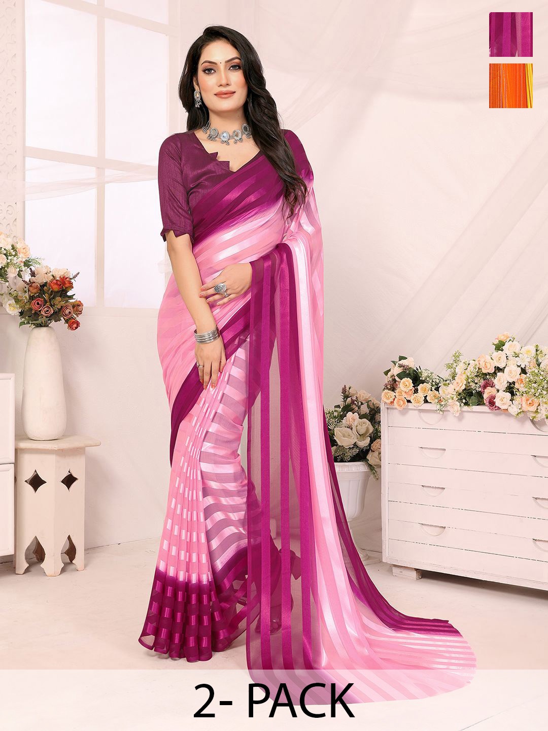 

Moda Rapido Set of 2 Satin Finish Striped Sarees, Purple