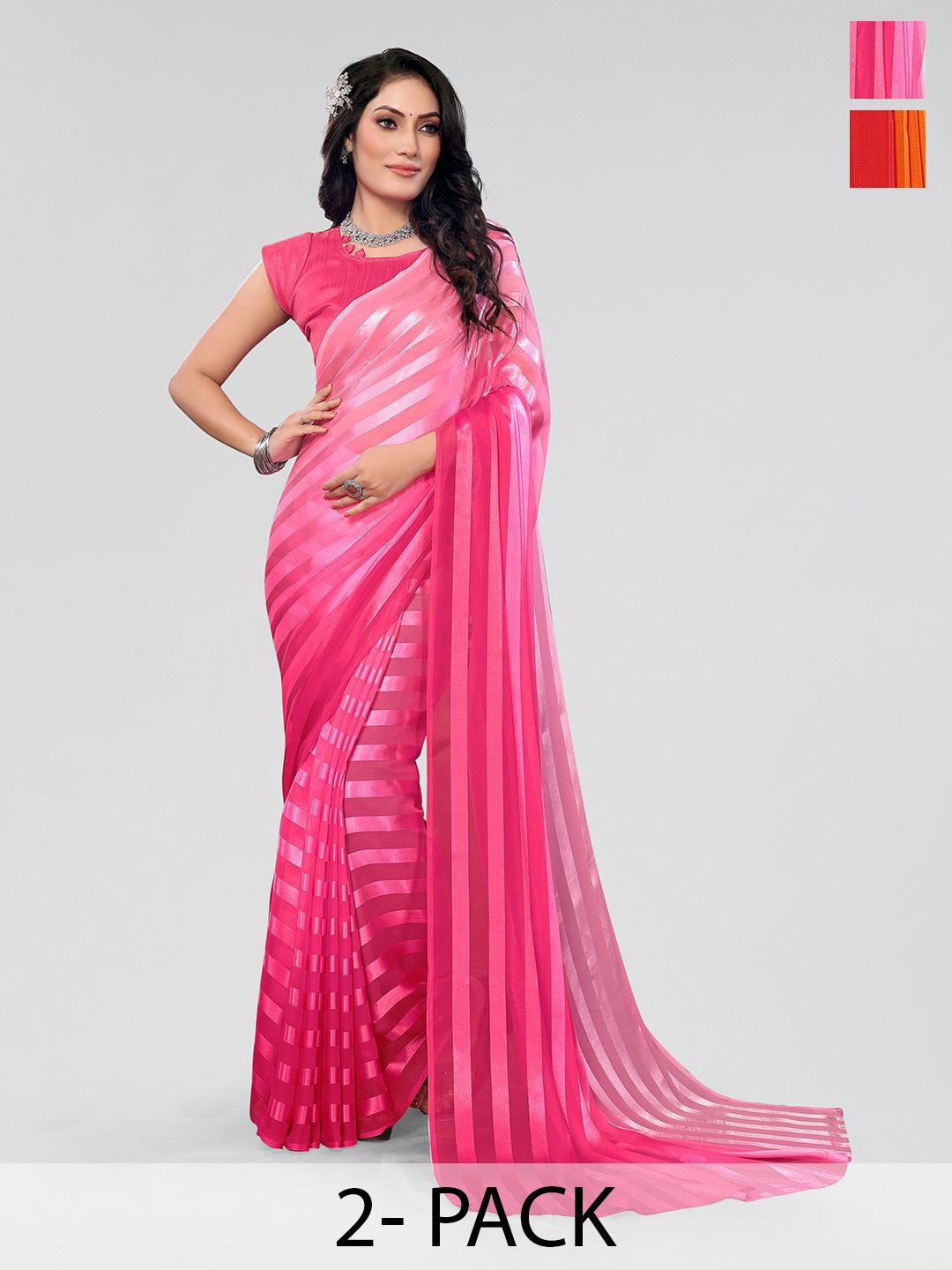 

Moda Rapido Set of Satin Finish Striped Sarees, Pink