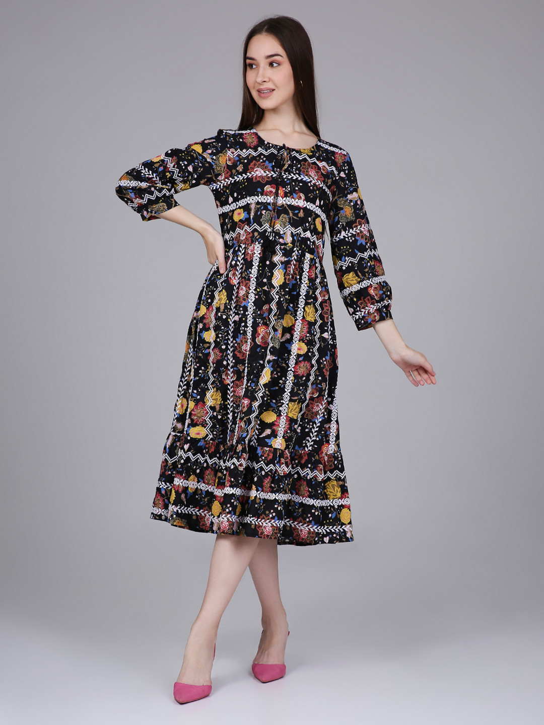 

Saffron Threads Floral Print Tie-Up Neck Bishop Sleeve A-Line Midi Dress, Black