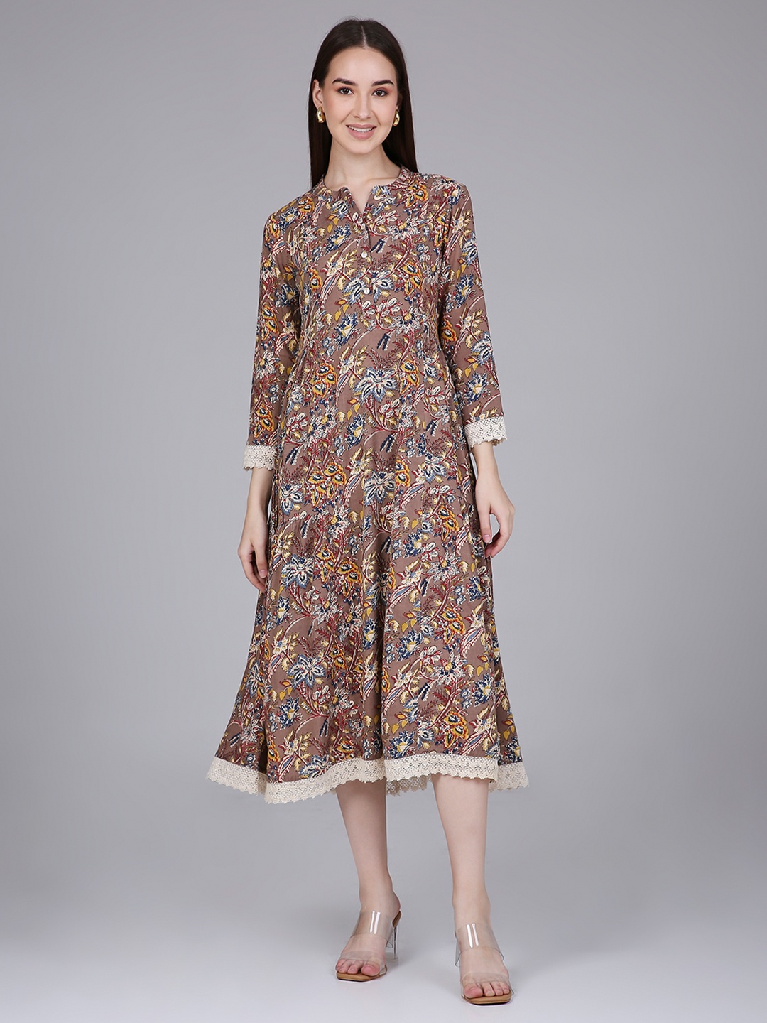 

Saffron Threads Floral Print Fit & Flare Midi Dress, Brown