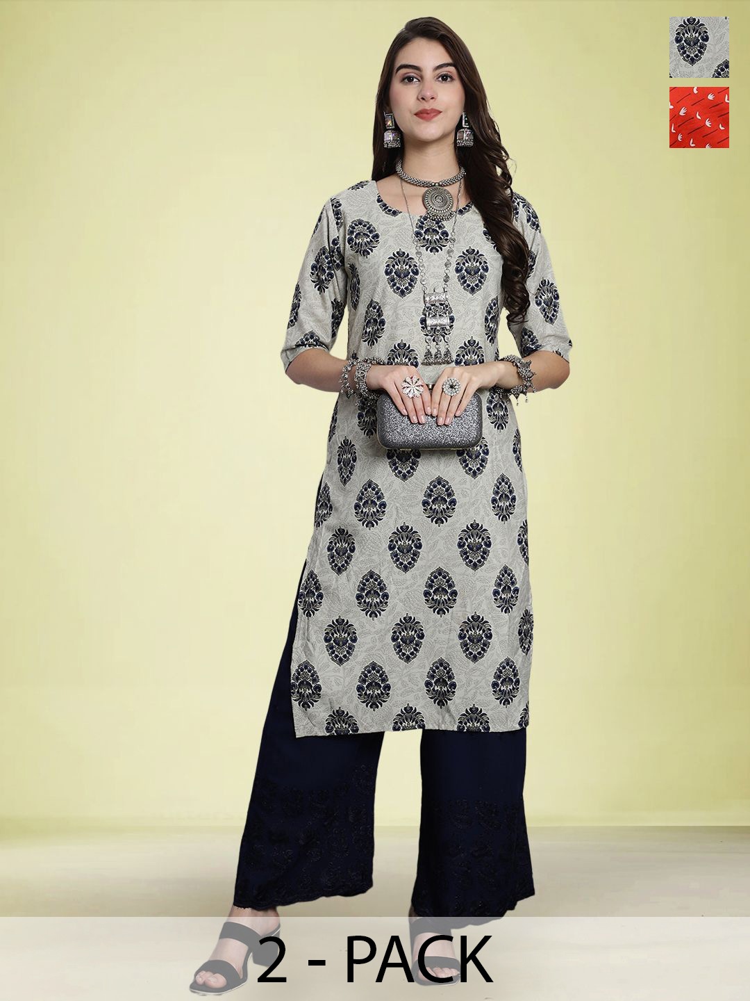 

Moda Rapido Set of 2 Printed Straight Kurtas, Grey