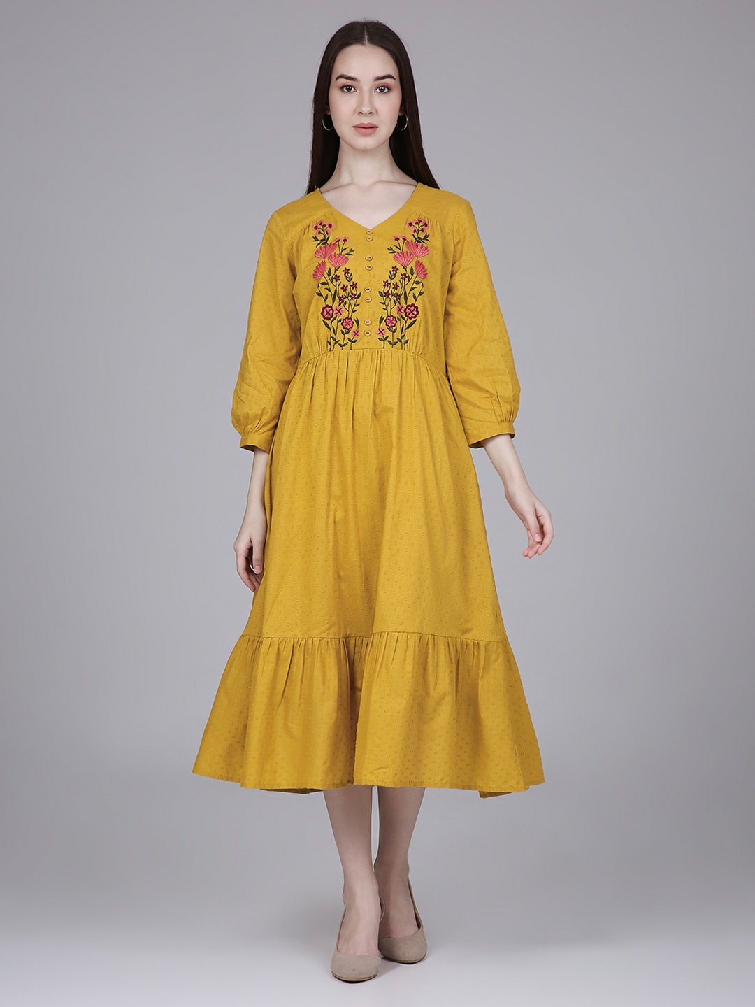 Saffron Threads Print Bishop Sleeve A-Line Midi Dress, Mustard