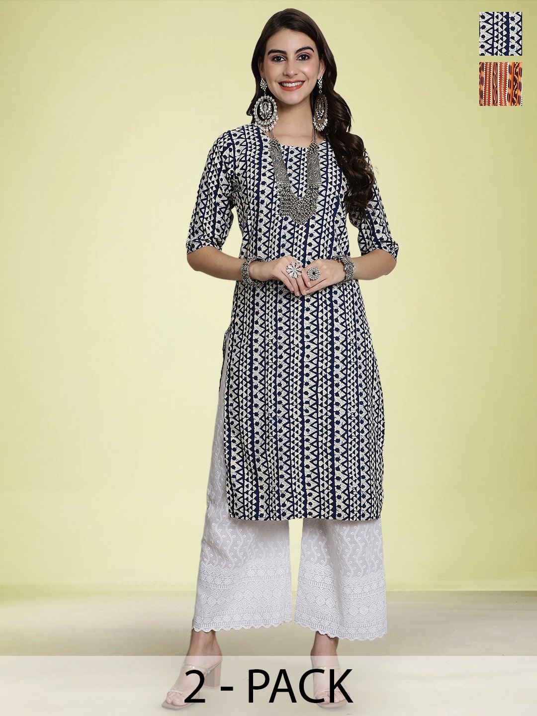 

Moda Rapido Set of 2 Printed Round Neck Straight Kurtas, Navy blue