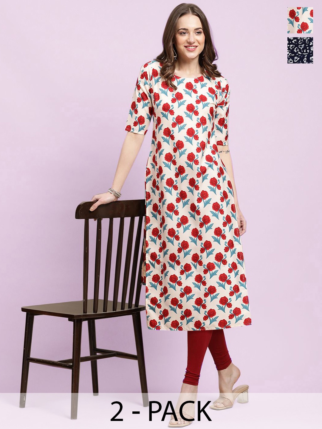 

Moda Rapido Set of 2 Printed Round Neck Straight Kurtas, Red