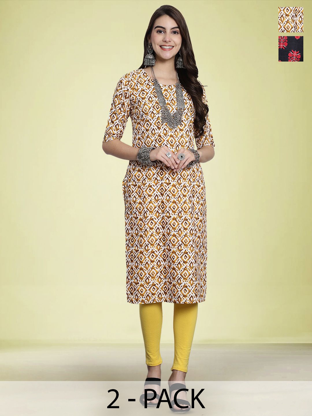 

Moda Rapido Set of 2 Printed Round Neck Straight Kurtas, Yellow