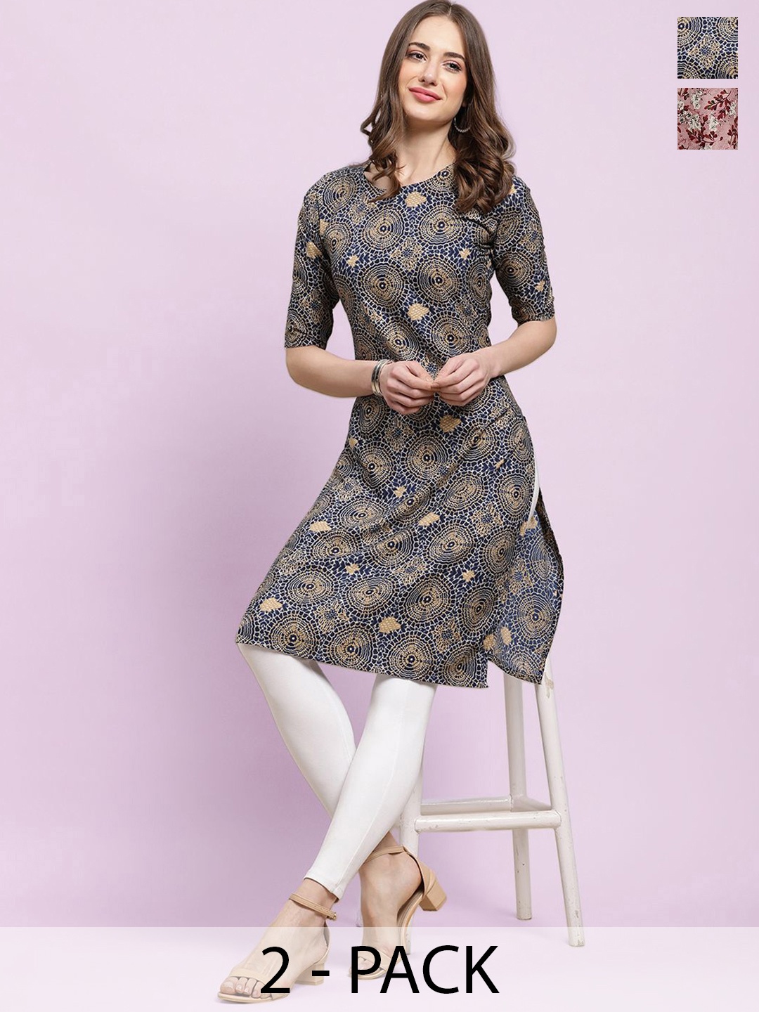 

Moda Rapido Set of 2 Printed Round Neck Straight Kurtas, Blue