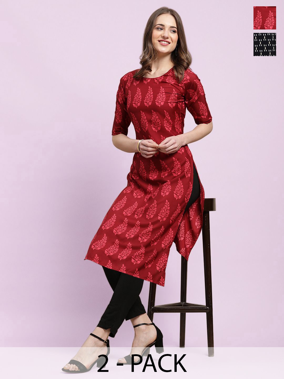 

Moda Rapido Set of 2 Printed Round Neck Straight Kurtas, Red