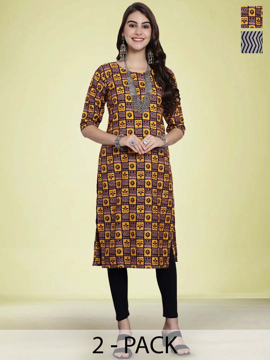 

Moda Rapido Set of 2 Printed Round Neck Straight Kurtas, Yellow