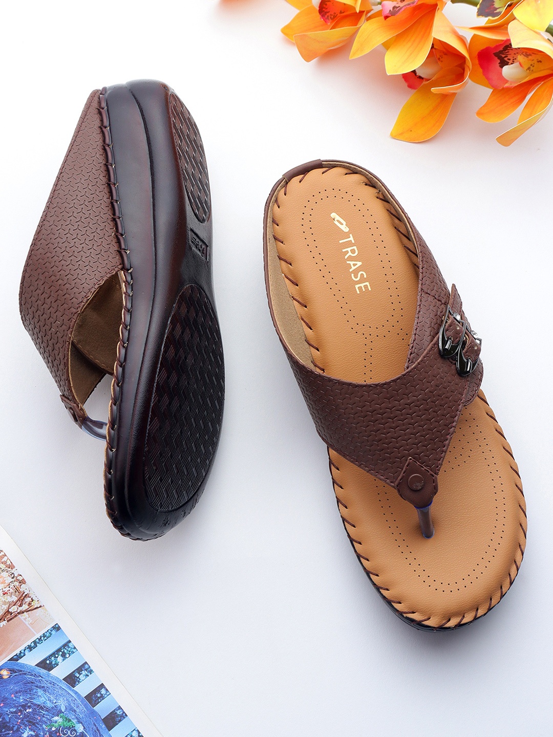 

TRASE Women Open Toe Flats with Laser Cuts, Brown
