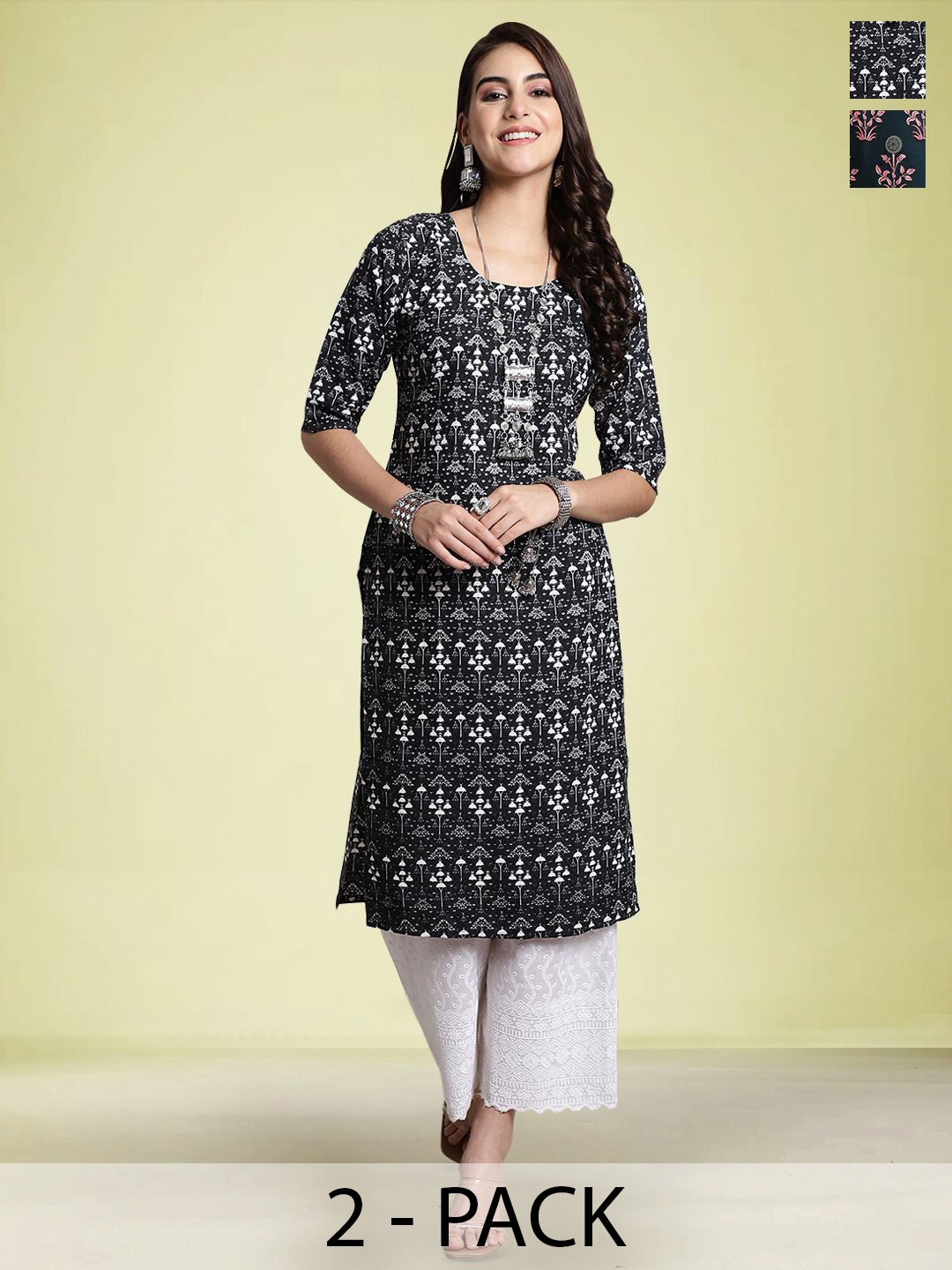 

Moda Rapido Set of 2 Printed Round Neck Straight Kurtas, Black