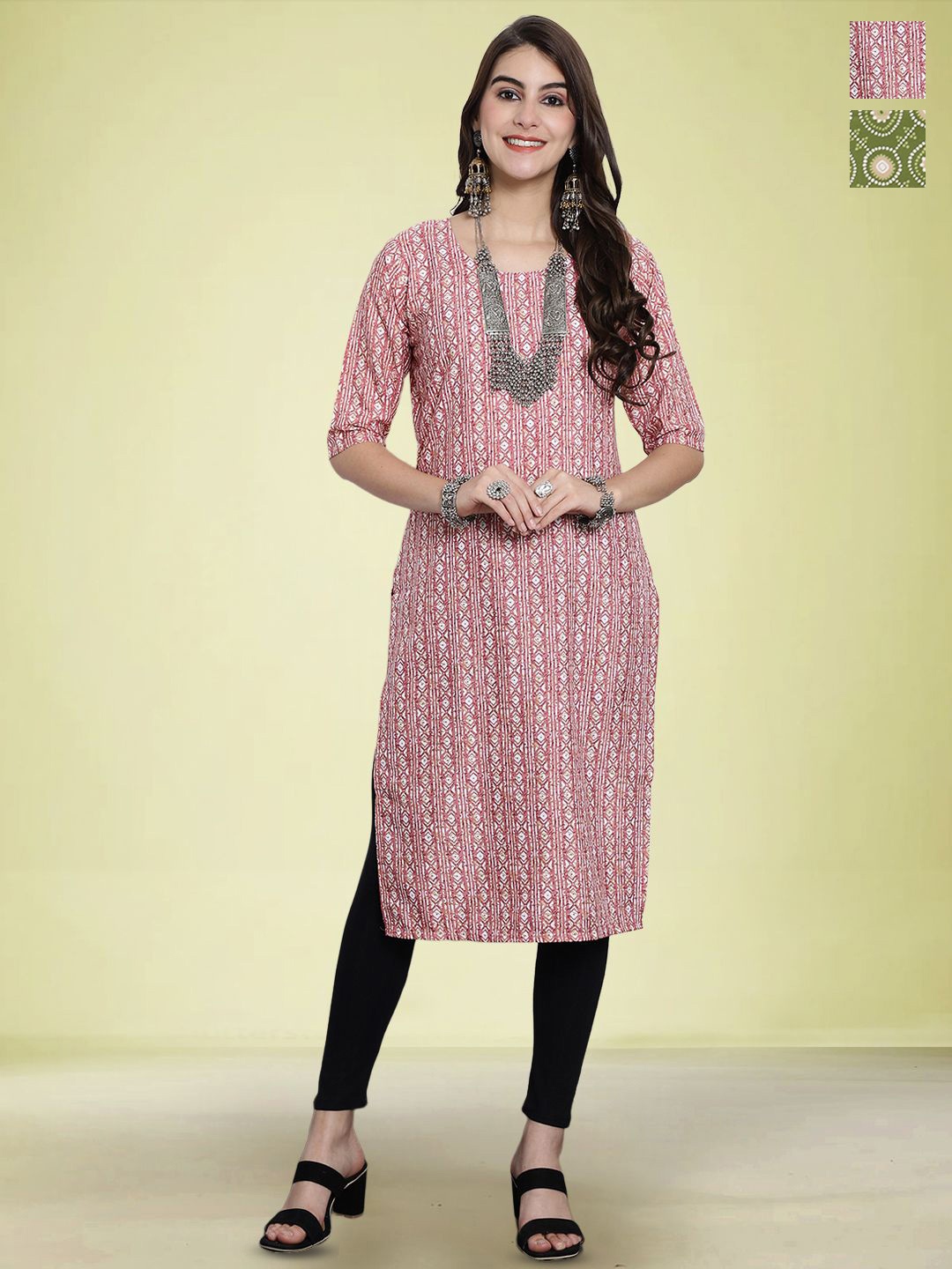 

Moda Rapido Set of 2 Geometric Print Round Neck Straight Kurtas, Pink