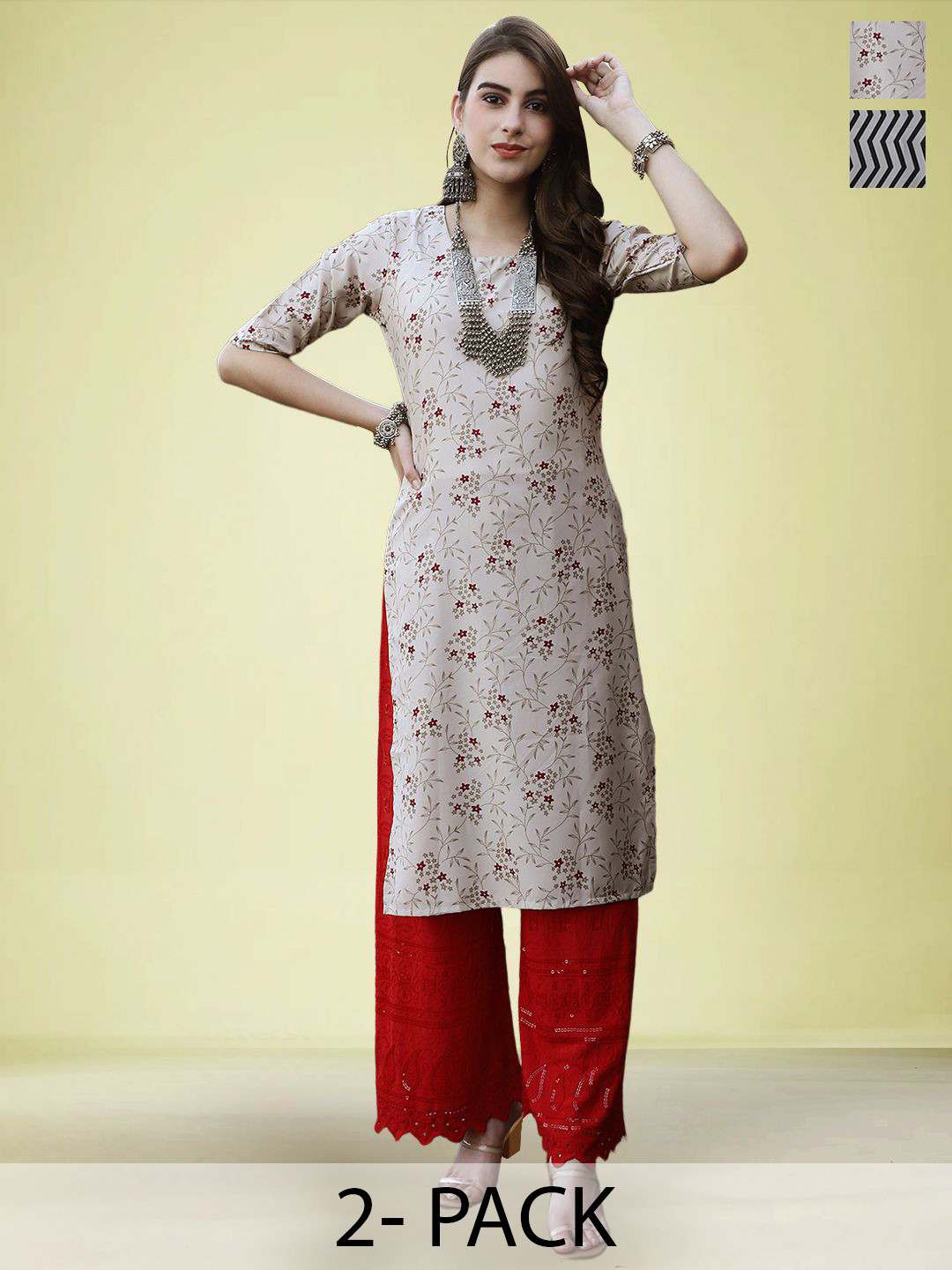 

Moda Rapido Set of 2 Printed Round Neck Straight Kurtas, Beige